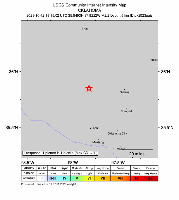 USGS DYFI community-reported intensity map for the M2.2 earthquake near 9 km E of Kingfisher, Oklahoma