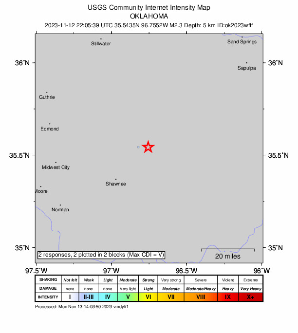 USGS DYFI community-reported intensity map for the M2.3 earthquake near 8 km NW of Prague, Oklahoma
