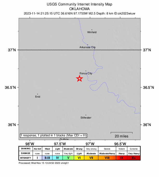 USGS DYFI community-reported intensity map for the M2.5 earthquake near 6 km NNW of Marland, Oklahoma
