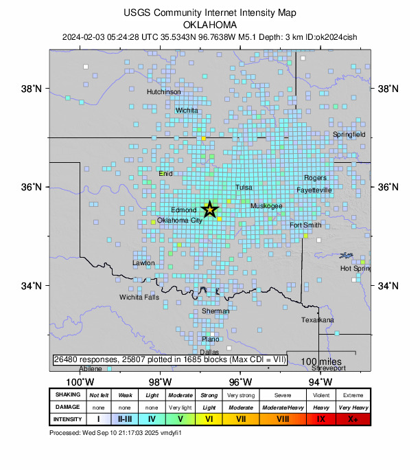 USGS DYFI community-reported intensity map for the M5.1 earthquake near 8 km NW of Prague, Oklahoma