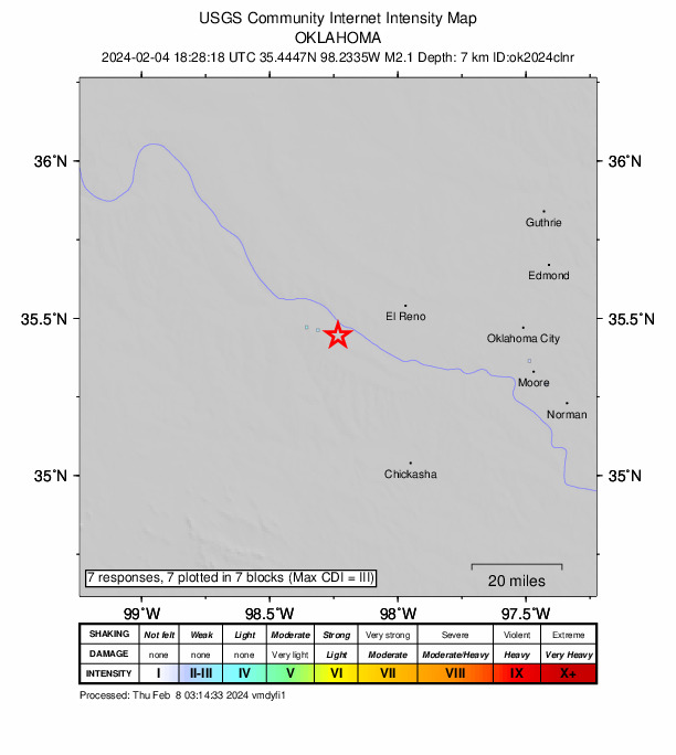 USGS DYFI community-reported intensity map for the M2.1 earthquake near 11 km ESE of Hinton, Oklahoma