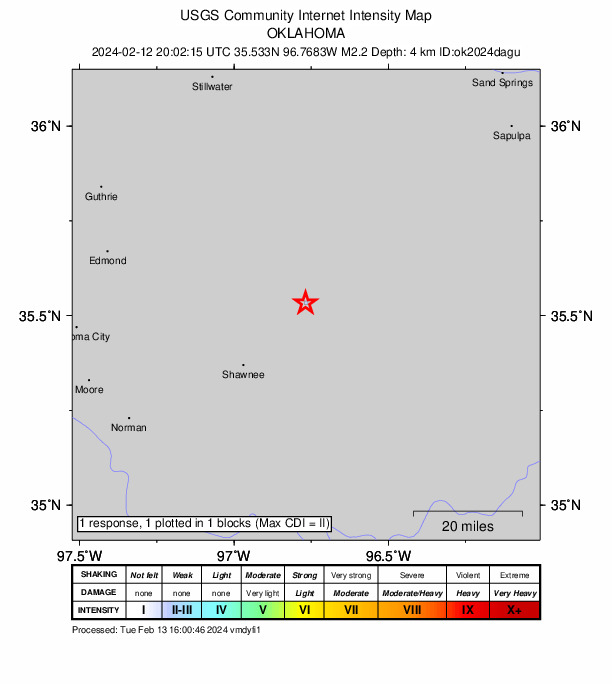 USGS DYFI community-reported intensity map for the M2.2 earthquake near 9 km NW of Prague, Oklahoma