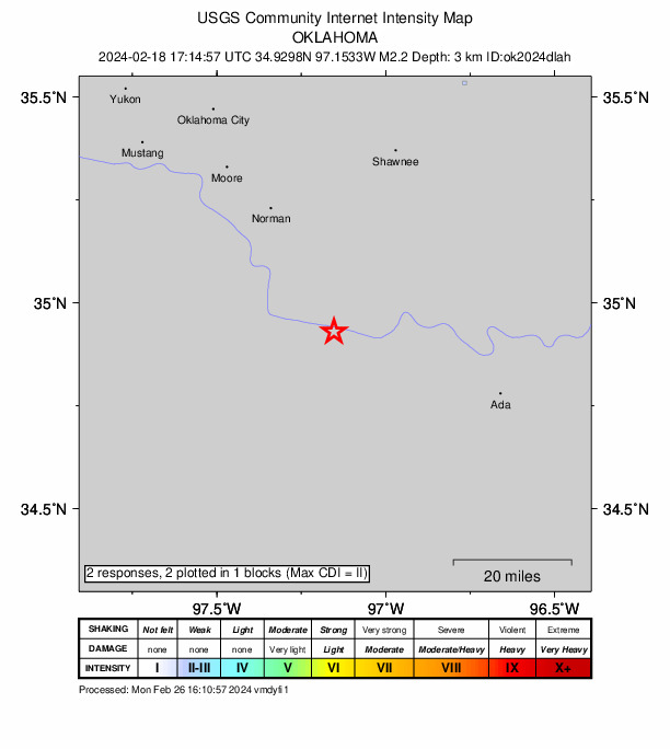 USGS DYFI community-reported intensity map for the M2.2 earthquake near 3 km ENE of Rosedale, Oklahoma