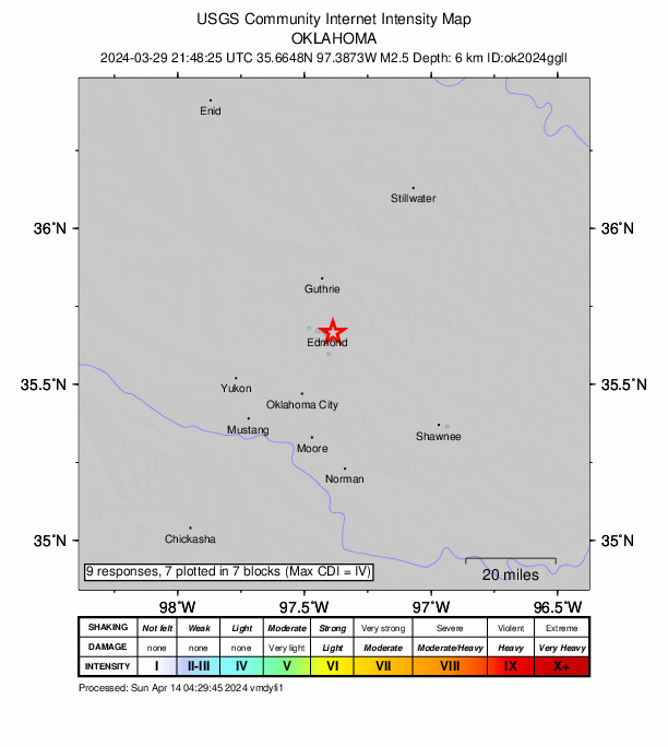 USGS DYFI community-reported intensity map for the M2.5 earthquake near 5 km W of Arcadia, Oklahoma