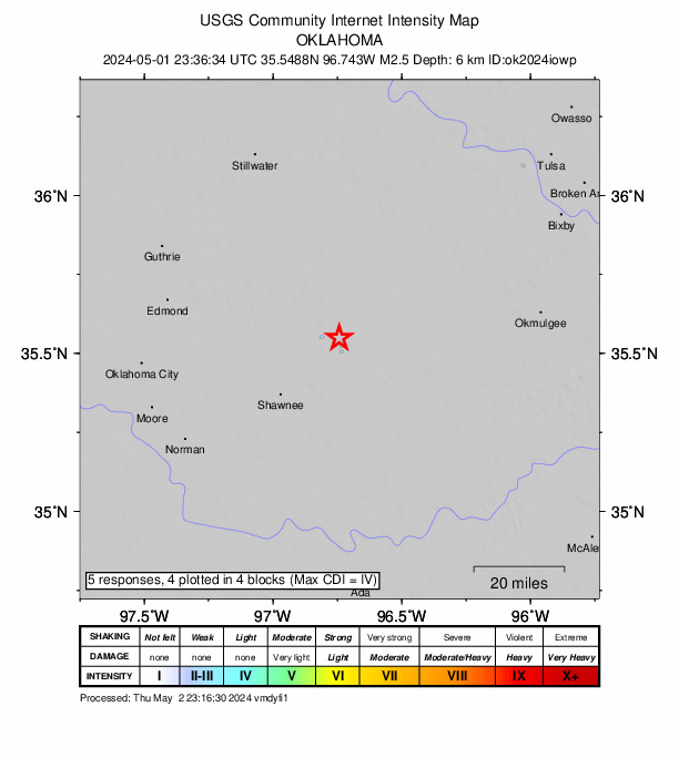 USGS DYFI community-reported intensity map for the M2.4 earthquake near 8 km NW of Prague, Oklahoma