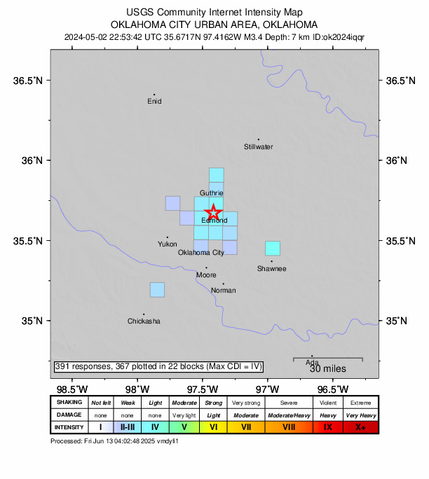 USGS DYFI community-reported intensity map for the M3.4 earthquake near 5 km ENE of Edmond, Oklahoma