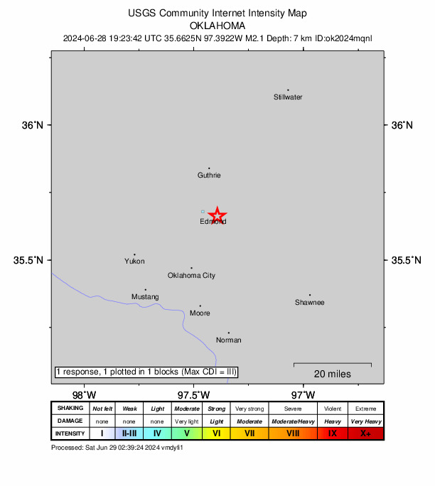 USGS DYFI community-reported intensity map for the M2.1 earthquake near 5 km W of Arcadia, Oklahoma