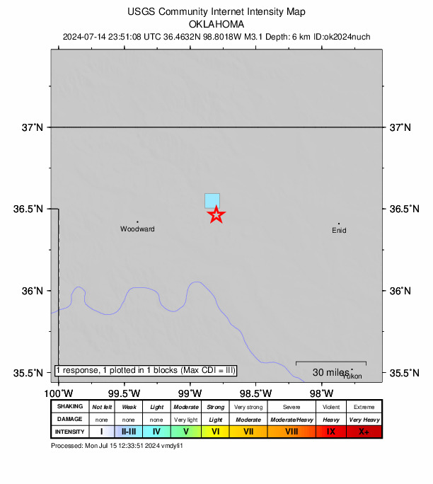 USGS DYFI community-reported intensity map for the M3.1 earthquake near 14 km SSE of Waynoka, Oklahoma