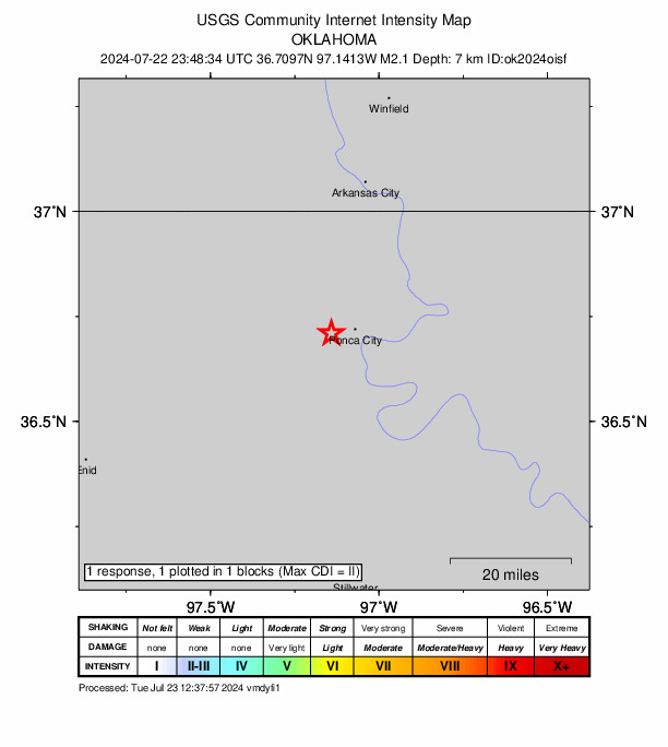 USGS DYFI community-reported intensity map for the M2.1 earthquake near 4 km W of Ponca City, Oklahoma