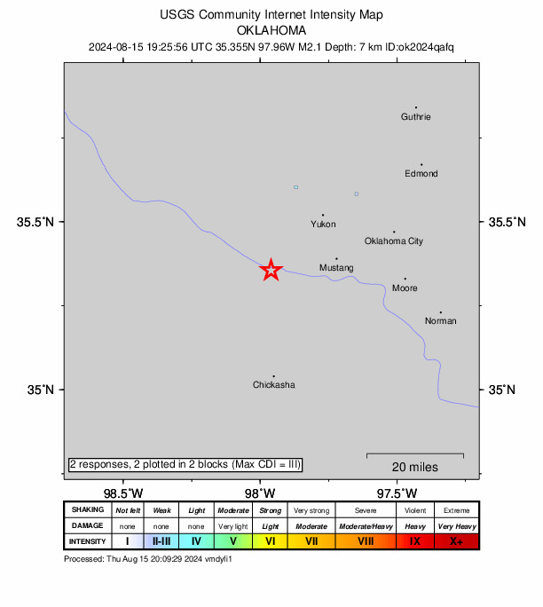 USGS DYFI community-reported intensity map for the M2.1 earthquake near 4 km SSW of Union City, Oklahoma