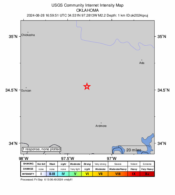 USGS DYFI community-reported intensity map for the M2.2 earthquake near 8 km SE of Katie, Oklahoma