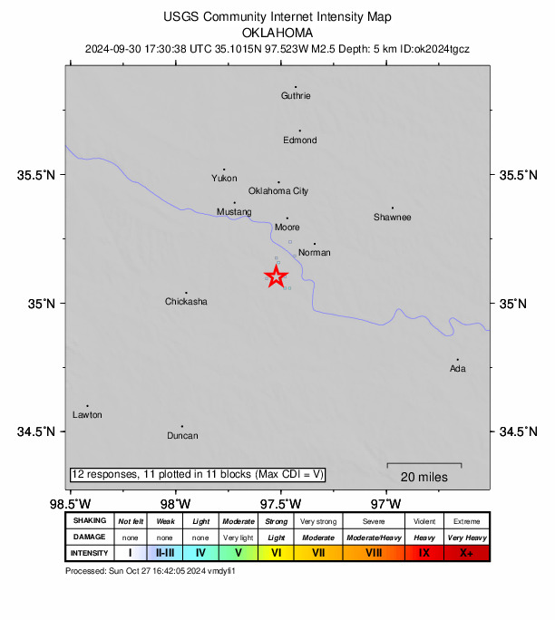 USGS DYFI community-reported intensity map for the M2.5 earthquake near 4 km E of Cole, Oklahoma
