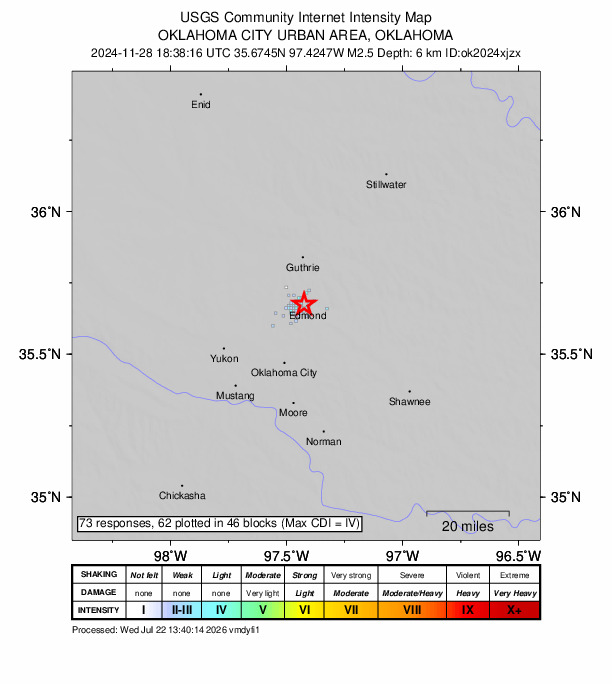USGS DYFI community-reported intensity map for the M2.5 earthquake near 5 km ENE of Edmond, Oklahoma