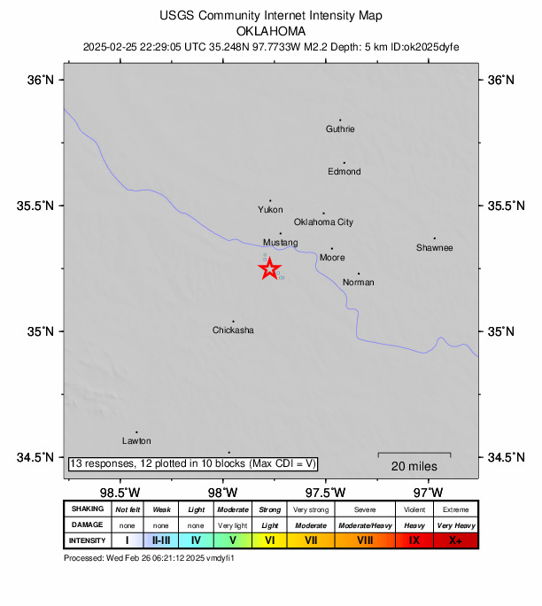 USGS DYFI community-reported intensity map for the M2.2 earthquake near 3 km WNW of Bridge Creek, Oklahoma