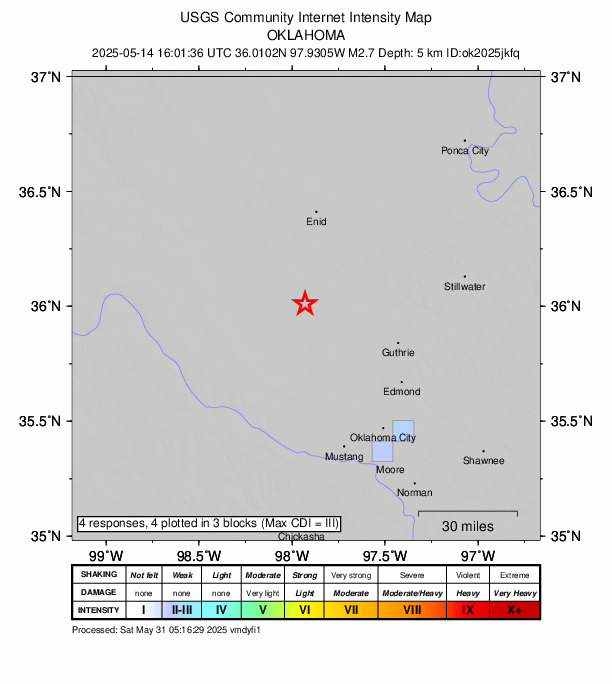 USGS DYFI community-reported intensity map for the M2.7 earthquake near 3 km NNW of Dover, Oklahoma