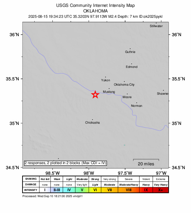 USGS DYFI community-reported intensity map for the M2.4 earthquake near 3 km ENE of Minco, Oklahoma