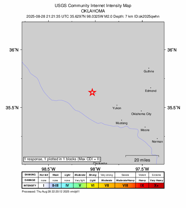 USGS DYFI community-reported intensity map for the M2.0 earthquake near 8 km ENE of Calumet, Oklahoma