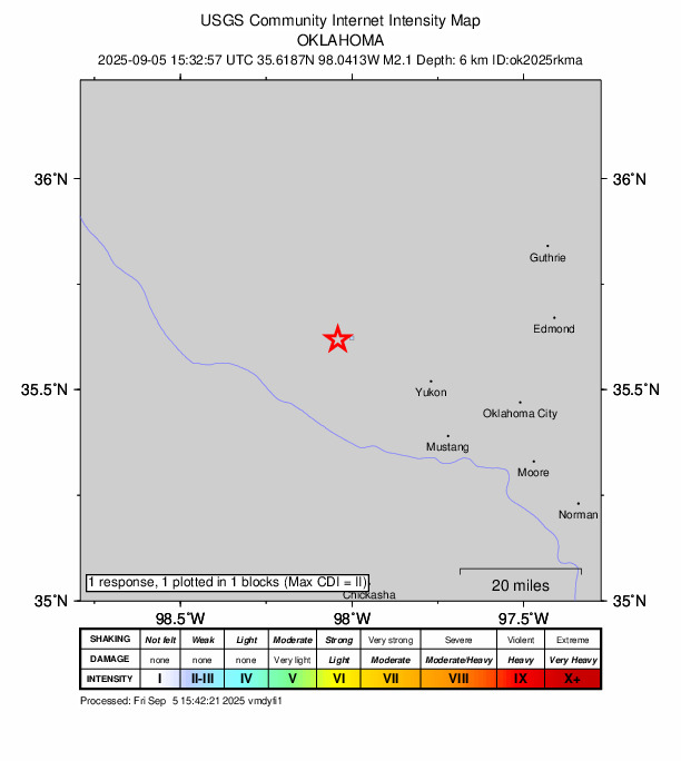 USGS DYFI community-reported intensity map for the M2.1 earthquake near 7 km ENE of Calumet, Oklahoma