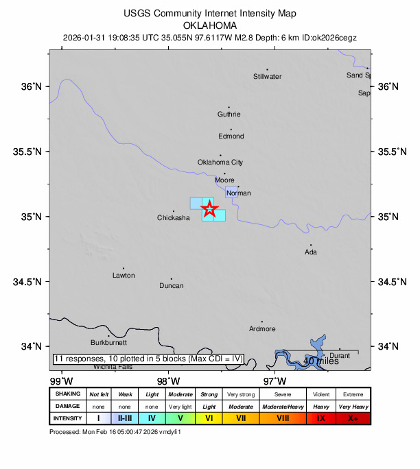 USGS DYFI community-reported intensity map for the M2.8 earthquake near 2 km NE of Dibble, Oklahoma