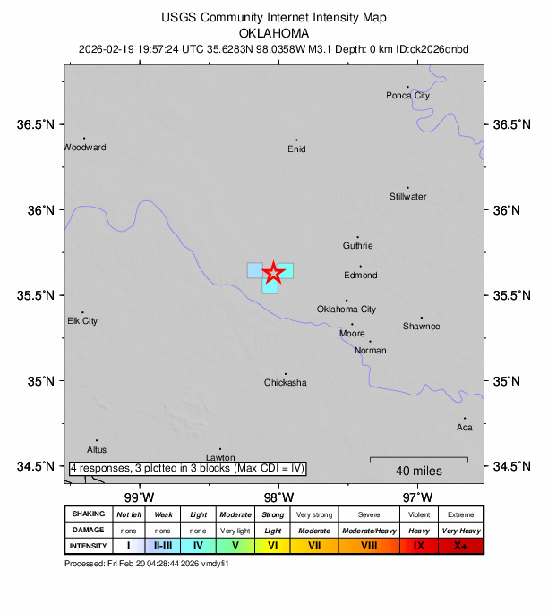 USGS DYFI community-reported intensity map for the M2.6 earthquake near 8 km ENE of Calumet, Oklahoma