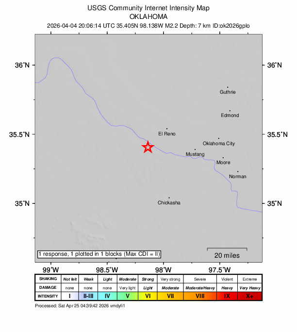 USGS DYFI community-reported intensity map for the M2.2 earthquake near 17 km W of Union City, Oklahoma