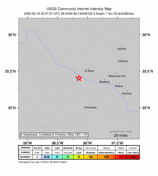 USGS DYFI community-reported intensity map for the M2.3 earthquake near 18 km W of Union City, Oklahoma