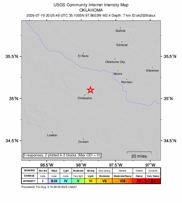 USGS DYFI community-reported intensity map for the M2.4 earthquake near 6 km S of Amber, Oklahoma