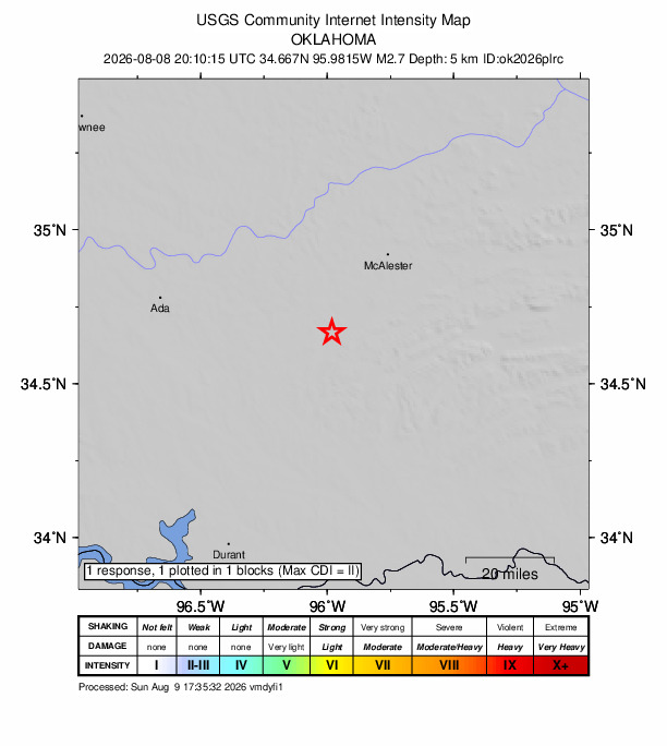 USGS DYFI community-reported intensity map for the M2.7 earthquake near 4 km ENE of Wardville, Oklahoma