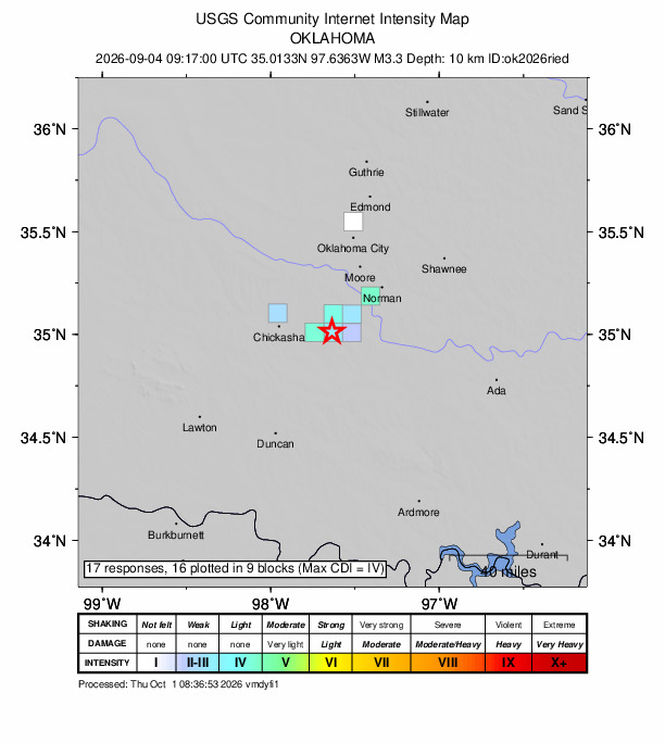 USGS DYFI community-reported intensity map for the M3.3 earthquake near 2 km SSW of Dibble, Oklahoma