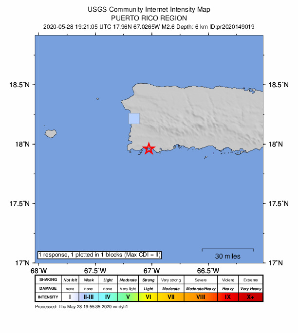 USGS DYFI community-reported intensity map for the M2.6 earthquake near 2 km SE of La Parguera, Puerto Rico