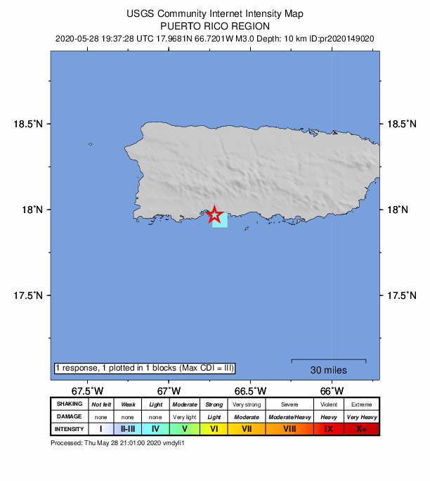 USGS DYFI community-reported intensity map for the M3.0 earthquake near 3 km S of Tallaboa, Puerto Rico