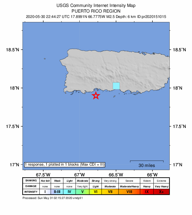 USGS DYFI community-reported intensity map for the M2.5 earthquake near 11 km SSE of Indios, Puerto Rico