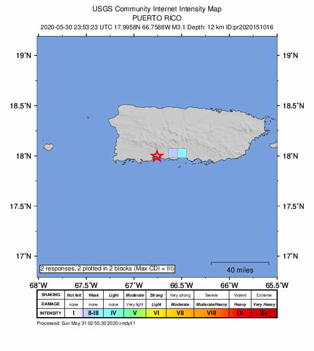 USGS DYFI community-reported intensity map for the M3.1 earthquake near 2 km SSE of Magas Arriba, Puerto Rico