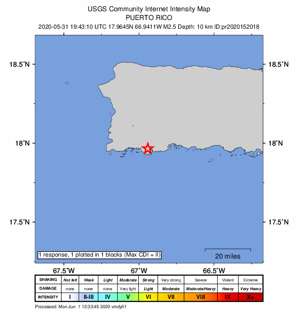 USGS DYFI community-reported intensity map for the M2.5 earthquake near 3 km WSW of Guánica, Puerto Rico