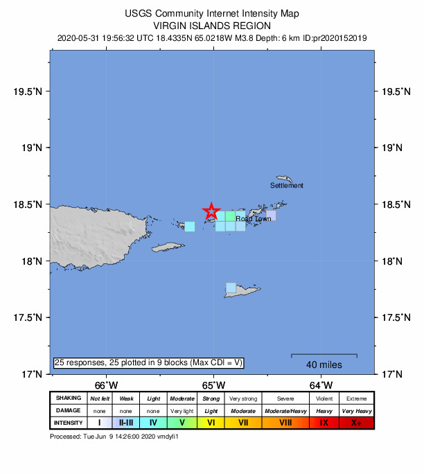 USGS DYFI community-reported intensity map for the M3.8 earthquake near 13 km NW of Charlotte Amalie, U.S. Virgin Islands