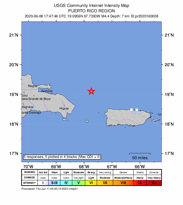 USGS DYFI community-reported intensity map for the M4.4 earthquake near 90 km NE of Punta Cana, Dominican Republic