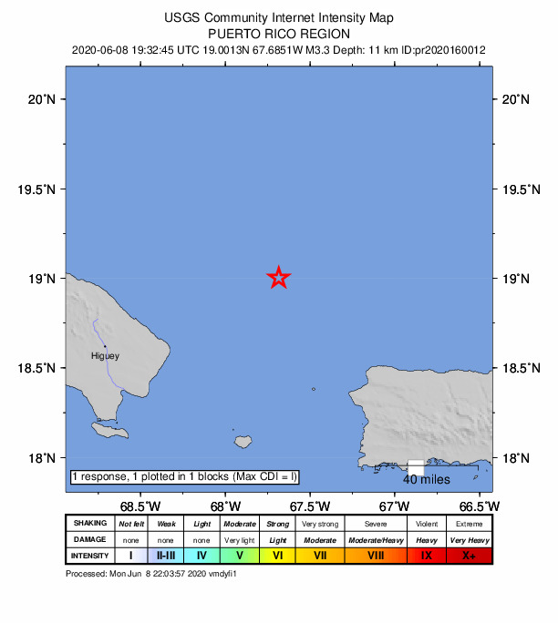 USGS DYFI community-reported intensity map for the M3.3 earthquake near 83 km NW of San Antonio, Puerto Rico