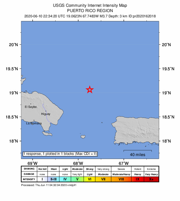 USGS DYFI community-reported intensity map for the M3.7 earthquake near 87 km NE of Punta Cana, Dominican Republic
