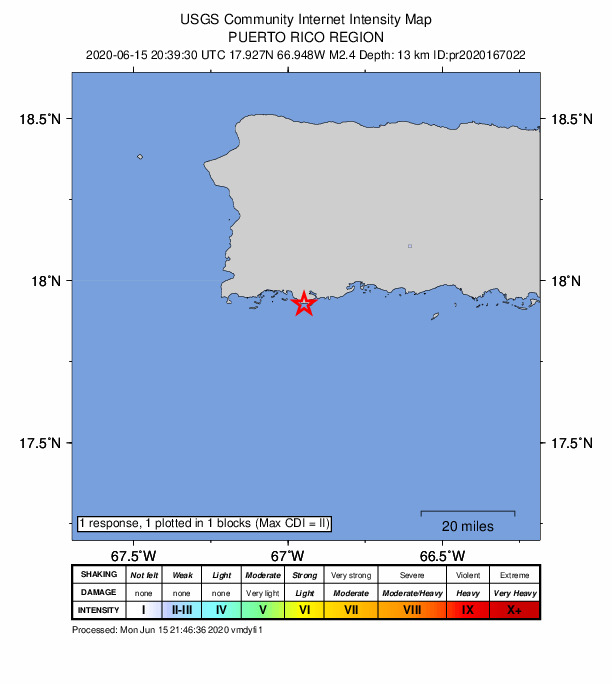 USGS DYFI community-reported intensity map for the M2.4 earthquake near 6 km SW of Guánica, Puerto Rico