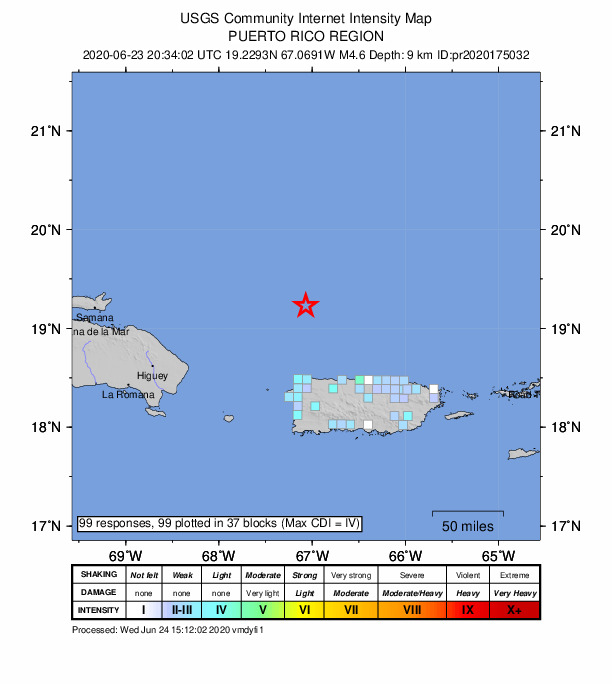 USGS DYFI community-reported intensity map for the M4.6 earthquake near 80 km N of Isabela, Puerto Rico