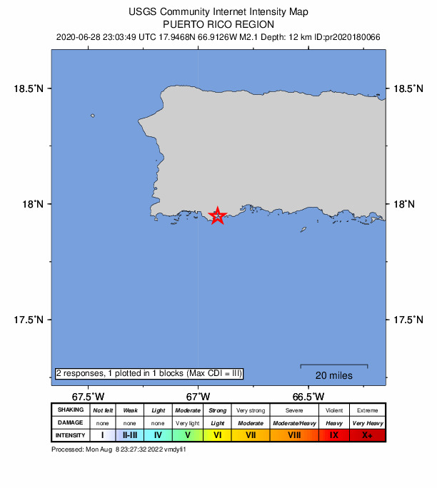 USGS DYFI community-reported intensity map for the M2.1 earthquake near 2 km S of Guánica, Puerto Rico