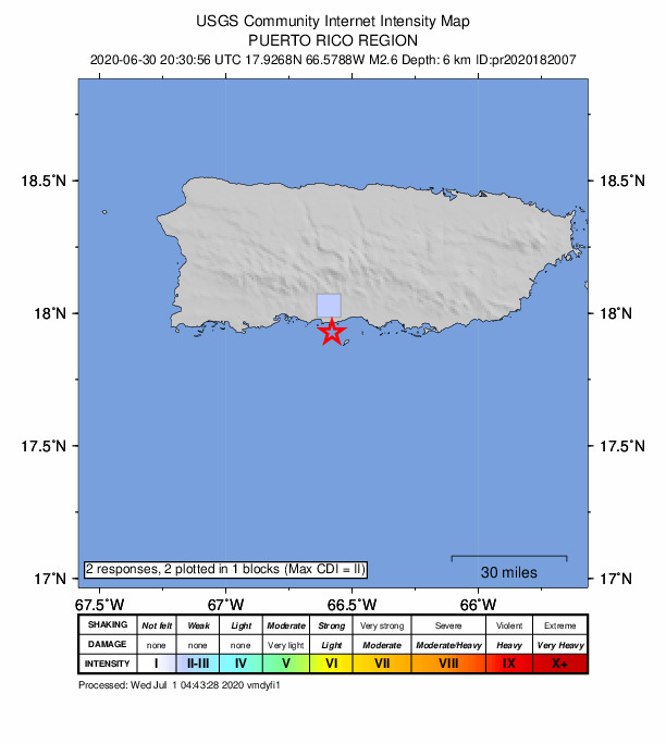 USGS DYFI community-reported intensity map for the M2.6 earthquake near 10 km SSE of Ponce, Puerto Rico