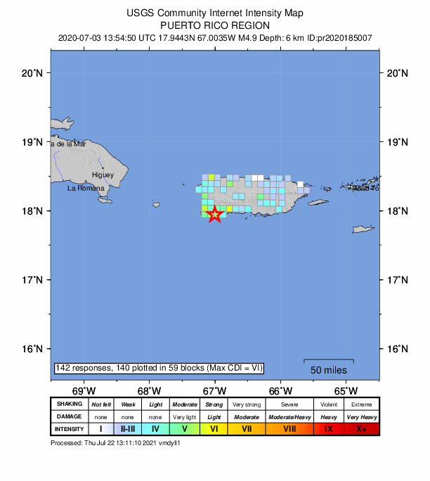 USGS DYFI community-reported intensity map for the M4.9 earthquake near 5 km SE of La Parguera, Puerto Rico