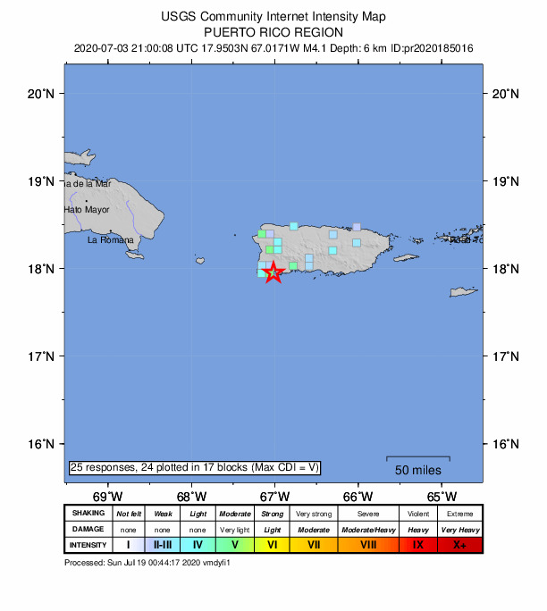 USGS DYFI community-reported intensity map for the M4.1 earthquake near 4 km SE of La Parguera, Puerto Rico