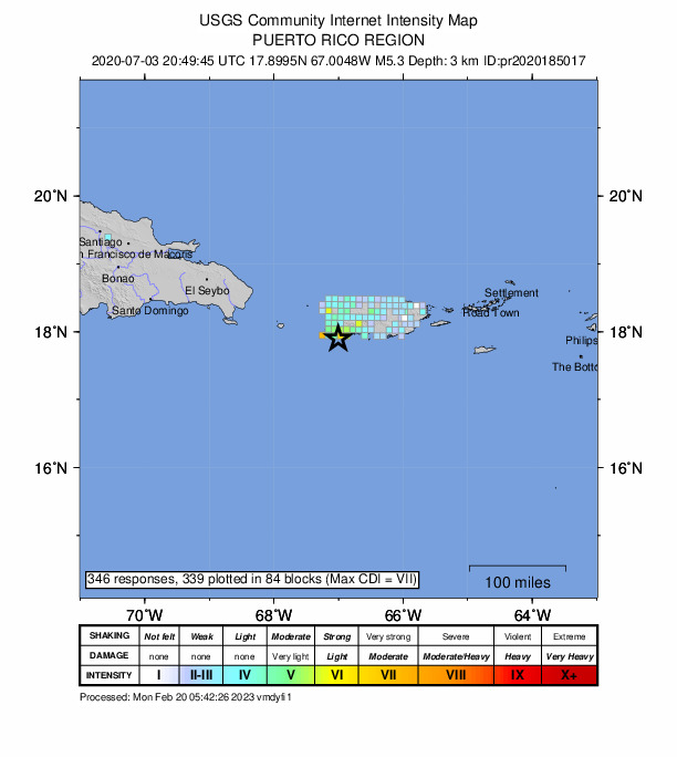 USGS DYFI community-reported intensity map for the M5.3 earthquake near 9 km SSE of La Parguera, Puerto Rico