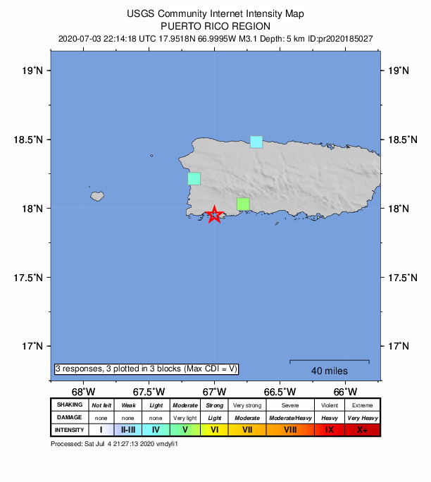 USGS DYFI community-reported intensity map for the M3.1 earthquake near 5 km ESE of La Parguera, Puerto Rico