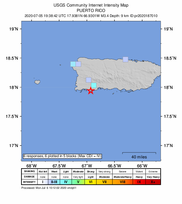 USGS DYFI community-reported intensity map for the M3.4 earthquake near 4 km SSW of Guánica, Puerto Rico