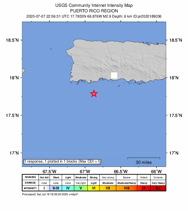USGS DYFI community-reported intensity map for the M2.9 earthquake near 20 km S of Guánica, Puerto Rico