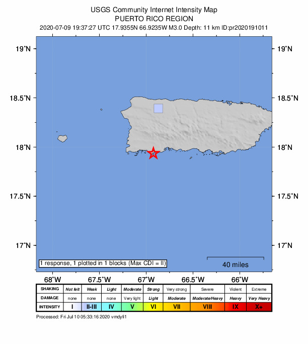 USGS DYFI community-reported intensity map for the M3.0 earthquake near 4 km SSW of Guánica, Puerto Rico
