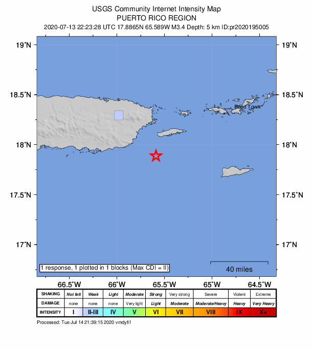USGS DYFI community-reported intensity map for the M3.4 earthquake near 26 km SSW of Esperanza, Puerto Rico
